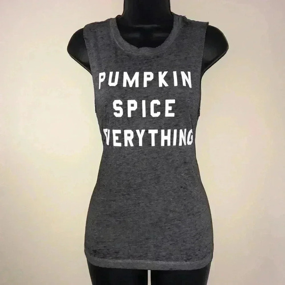 Fifth Sun Pumpkin Spice Gray White Spellout Sleeveless Muscle Tee Size S - Picture 2 of 5